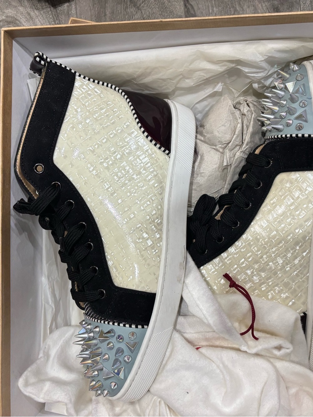 Christian Louboutin Black, Cream & Burgundy High-Top Spike Sneakers